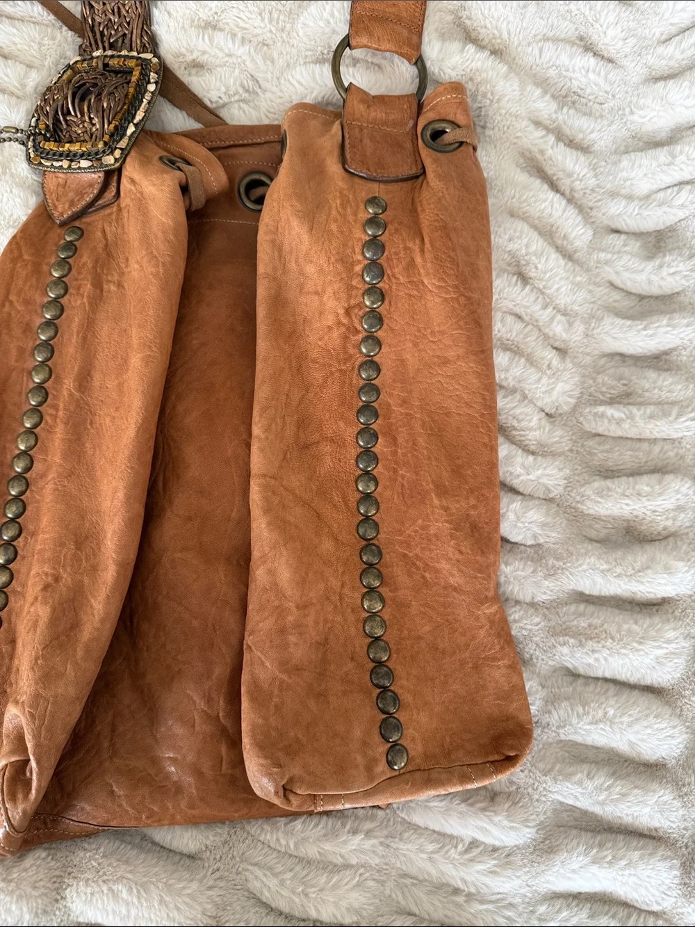 Leather Rock Cognac Drawstring Hobo Bag with Woven Strap